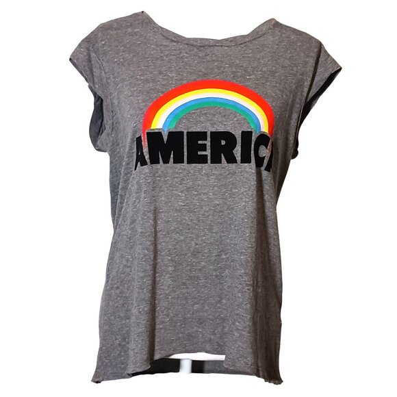 Pam & Gela Oversized Gray America Rainbow Muscle Tee Made‎ in USA Women's Size S - Picture 1 of 12